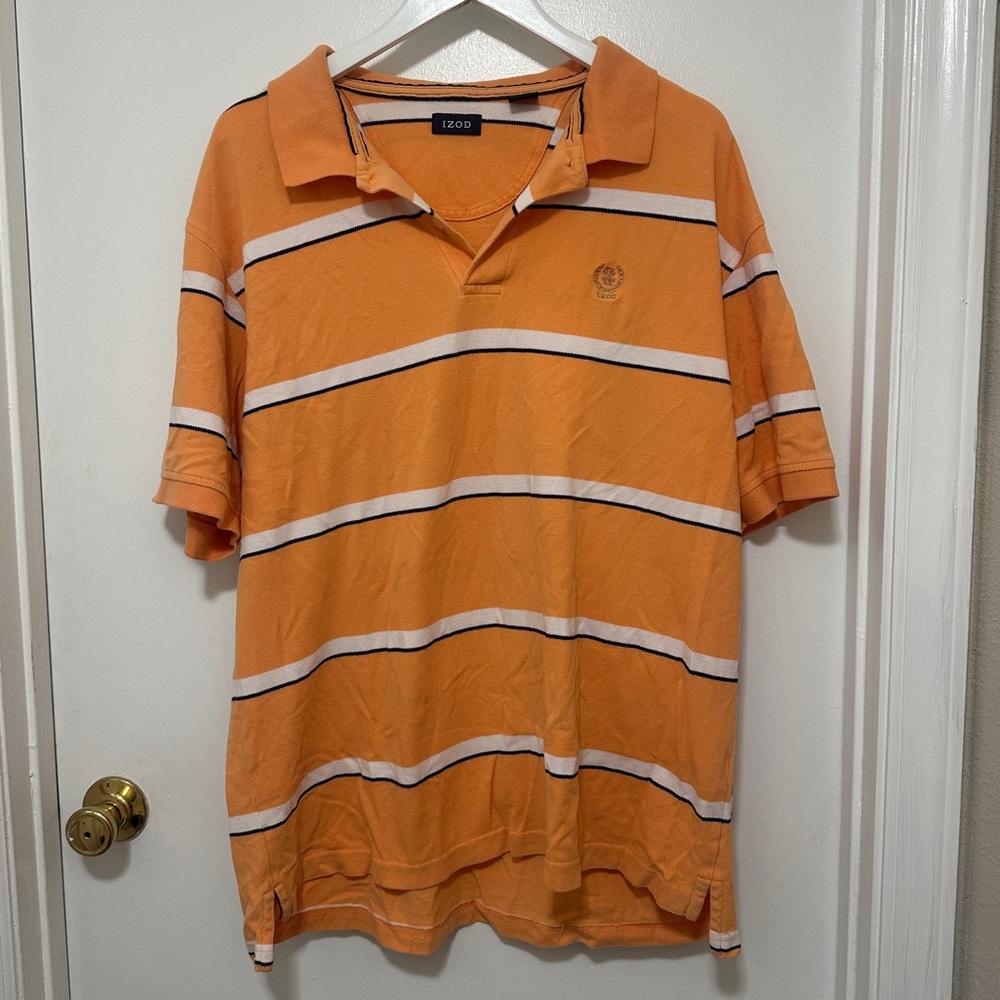IZOD Polo Shirt Mens Extra Large XL Orange Striped Embroidered Logo Casual Golf